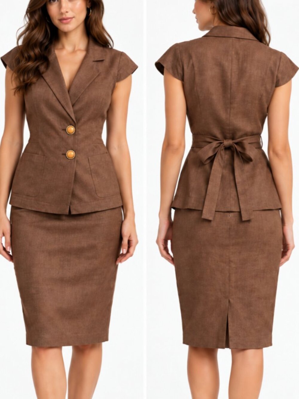 Vintage VTG 100% Linen Brown 2 Piece Button Down Cap Sleeve Top & Skirt Set 8/M